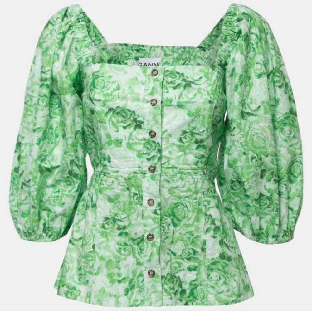 Ganni Rose print puff sleeve top Never worn!